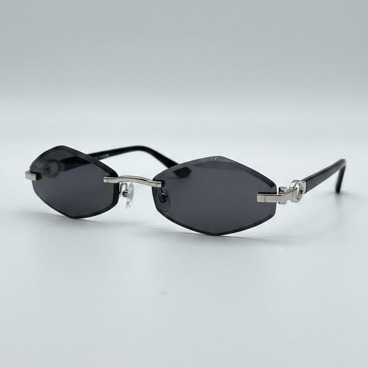 Kacamata Wanita Rimless Premium Slim Black Lens Silver Frame Elegant Luxury UV Protection