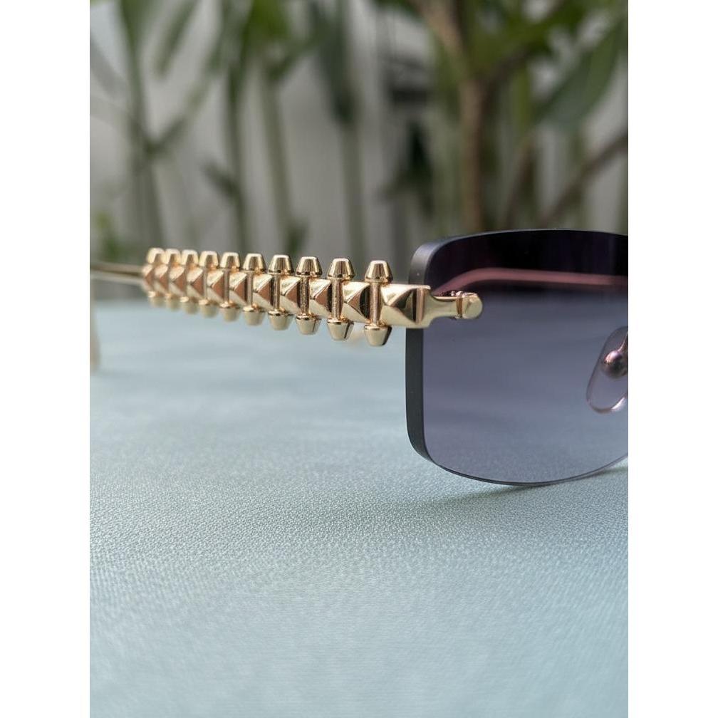 Kacamata Luxury Rectangle Rimless - Lensa Purple Gradient - Gagang Metal Gold Studded - UV400 Aesthetic Sunglasses
