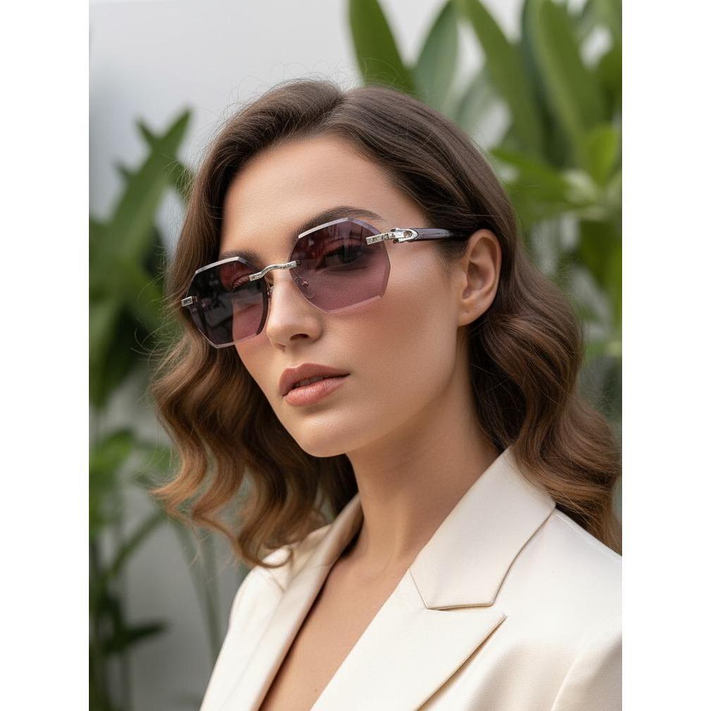 Kacamata Hitam Luxury Octagon Rimless - Pink Gradient Lens