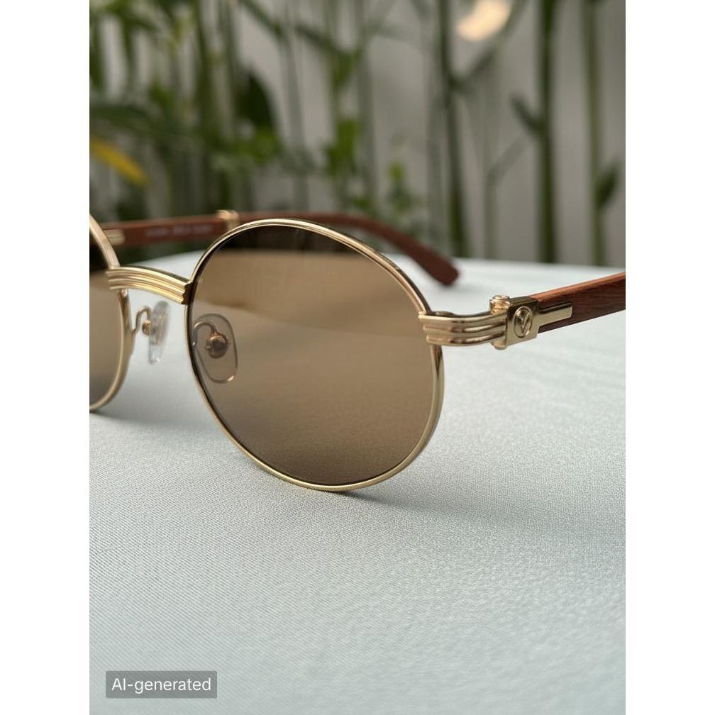 Kacamata Hitam Bulat Klasik Retro - Frame Gold & Gagang Kayu Luxury - UV400