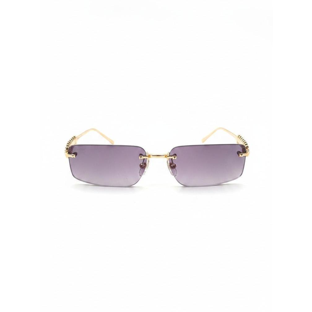 Kacamata Luxury Rectangle Rimless - Lensa Purple Gradient - Gagang Metal Gold Studded - UV400 Aesthetic Sunglasses