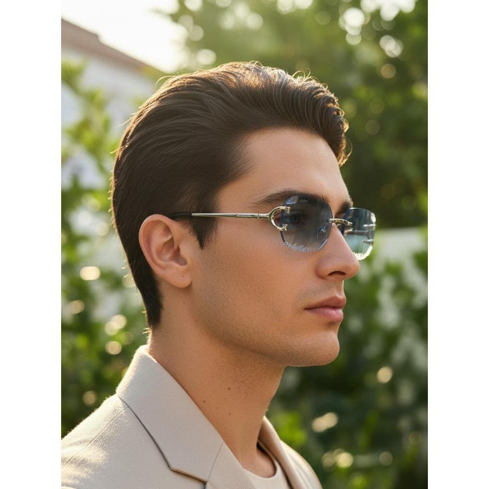 Kacamata Rimless Premium Panthère Style Frame Silver Lensa Biru Photochromic Diamond Cut Luxury