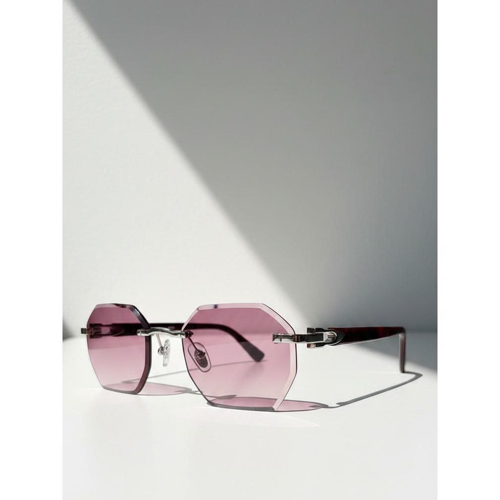 Kacamata Hitam Luxury Octagon Rimless - Pink Gradient Lens